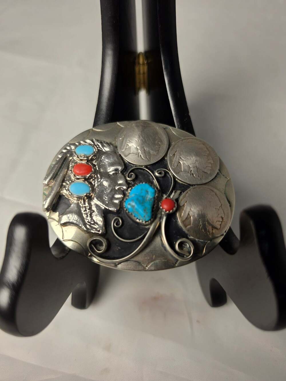 Vintage Signed  Wrap Native American Style Belt Buckle with Buffalo Nickels, Tur